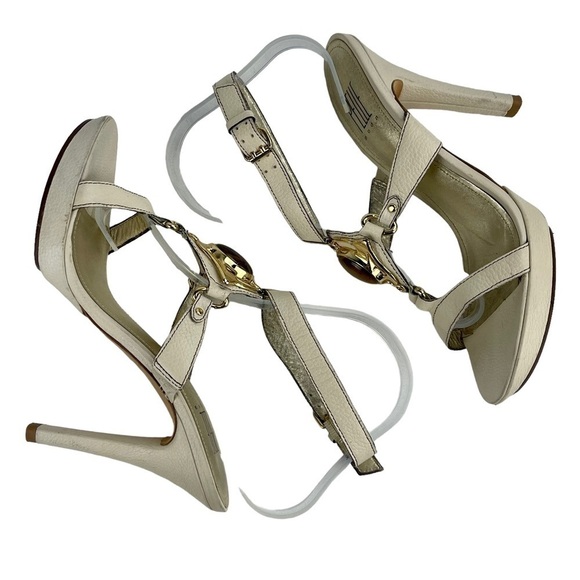 VINTAGE PELLE MODA 90S LEATHER PLATFORM TIGER EYE IVORY STRAPPY SANDAL HEELS - Picture 7 of 13